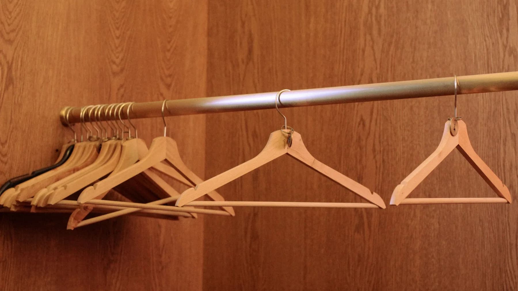 Empty built-in wardrobe interior with plain wooden hangers left on a metal rail against a wood-panelled back