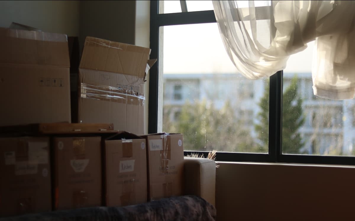 Storage room stacked with cardboard boxes beside a window