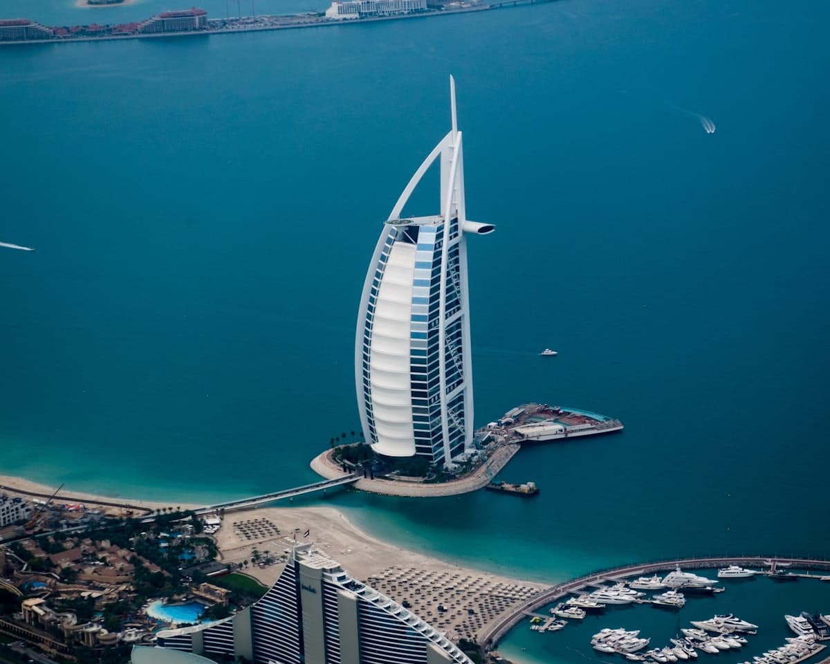The Burj Al Arab hotel on the Dubai coastline