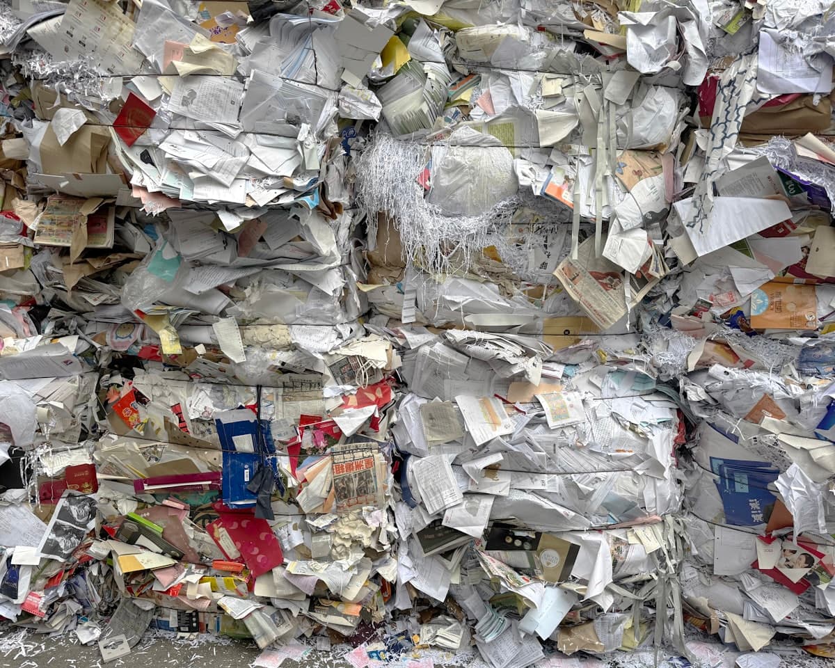 Compressed bales of sorted paper and cardboard at a recycling facility