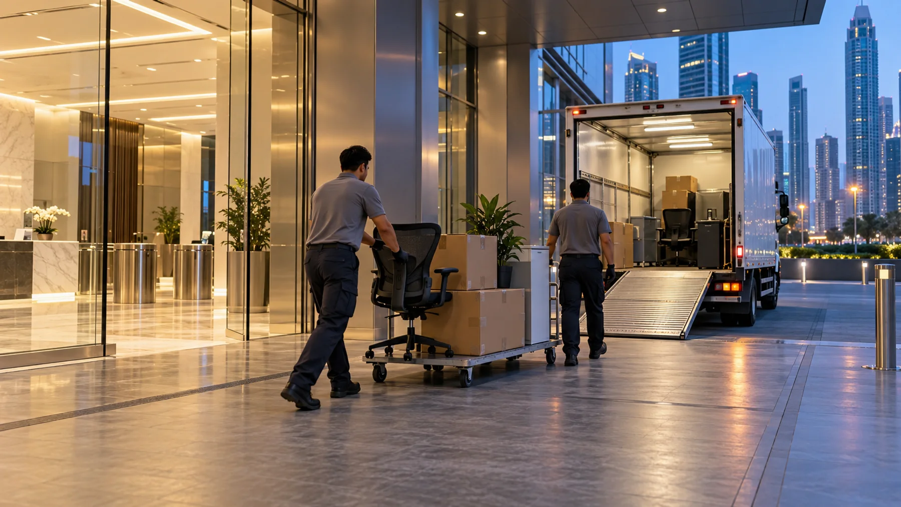 Removal crew moving office chairs and cartons to a truck outside a Dubai commercial tower after business hours