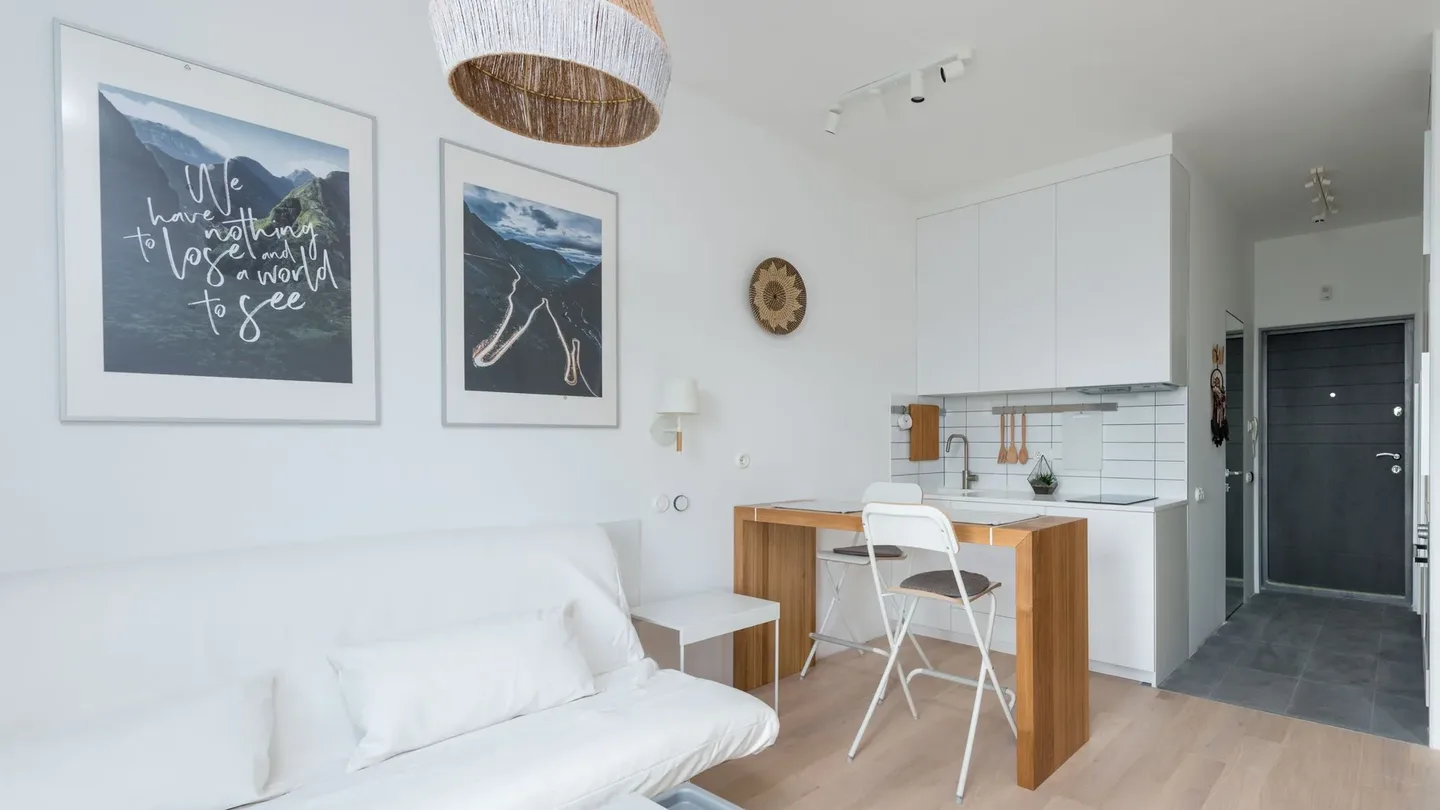 Compact holiday studio apartment with sofa bed, dining bar and entrance kitchenette