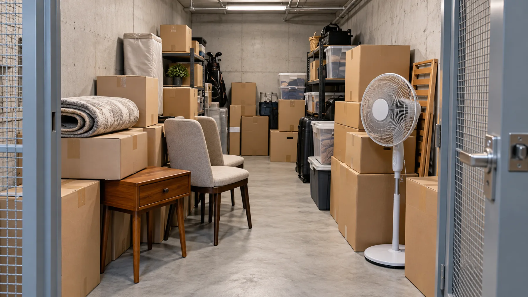 Overfilled but dry basement storage room with boxes and household furniture in Dubai