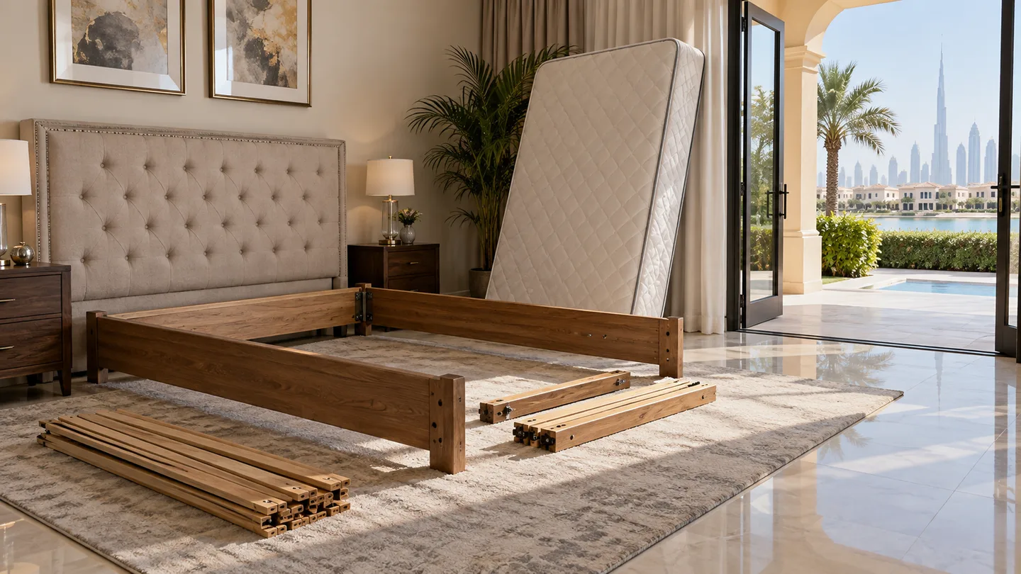 Disassembled bed frame and mattress staged for removal in a Dubai bedroom