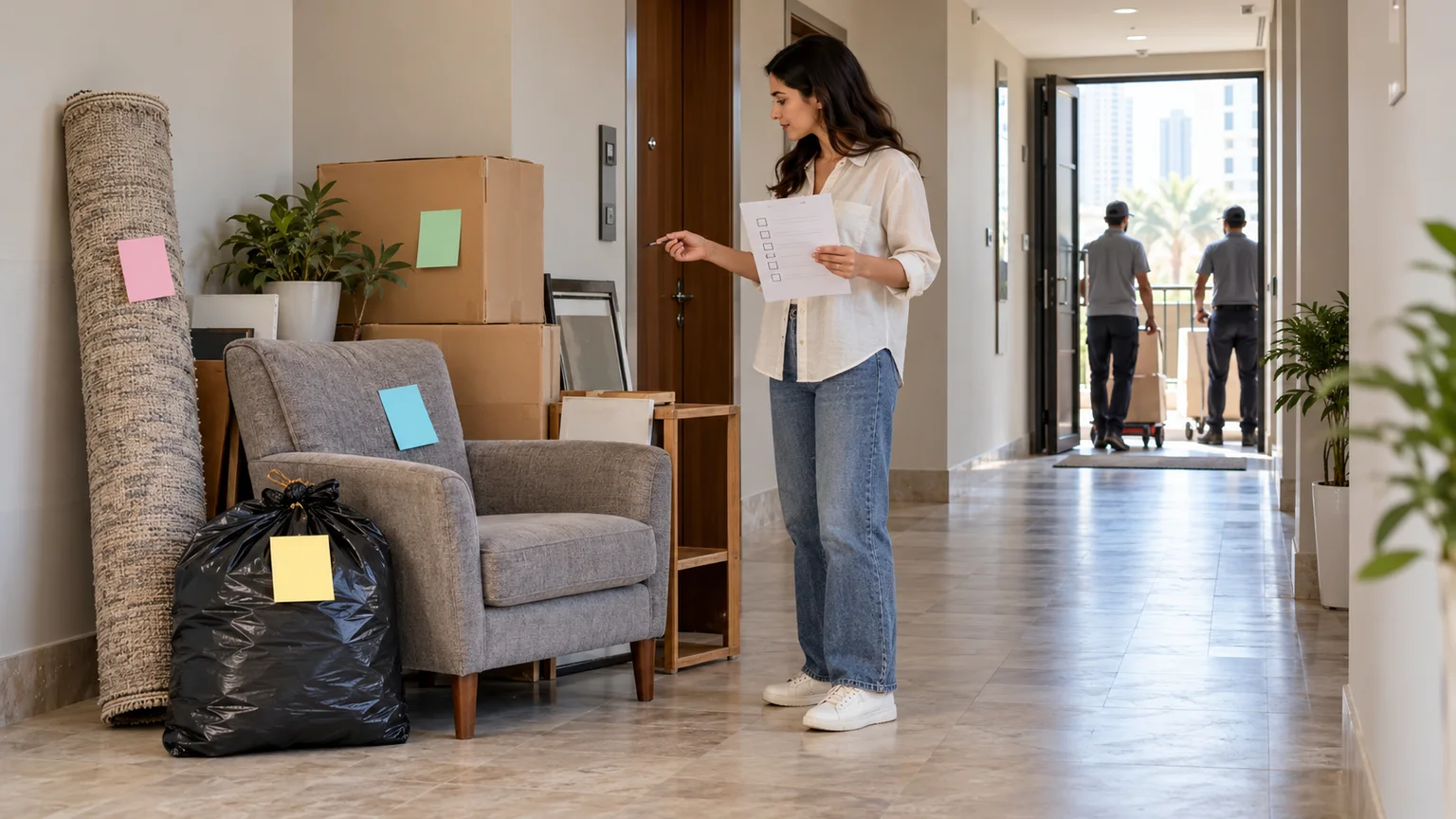 Dubai resident checking a labelled junk pile and clear hallway before an unbranded removal crew arrives