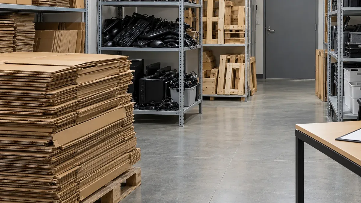 Tall stack of flattened corrugated cardboard on a wooden pallet in a Dubai storeroom beside shelving and spare pallets
