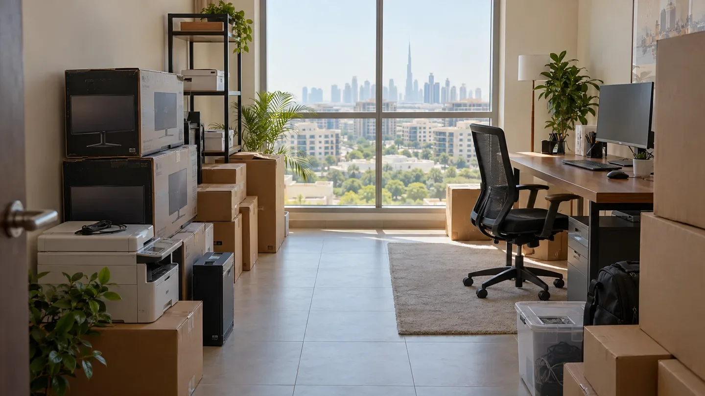 Two monitors stacked on packing boxes beside a printer, a desktop tower and a clear box of cables in a Dubai home office overlooking the skyline