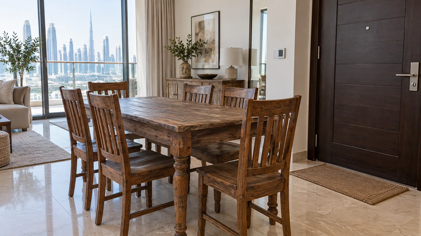 Old dining table and chairs staged for disposal in a Dubai home