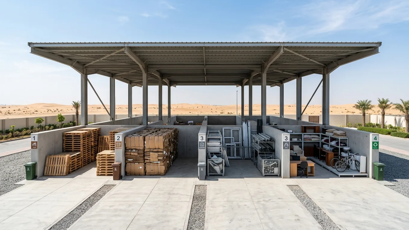 Organized material recovery staging bays under a covered canopy with sorted pallets, cardboard, metals, and reusable furniture in Dubai