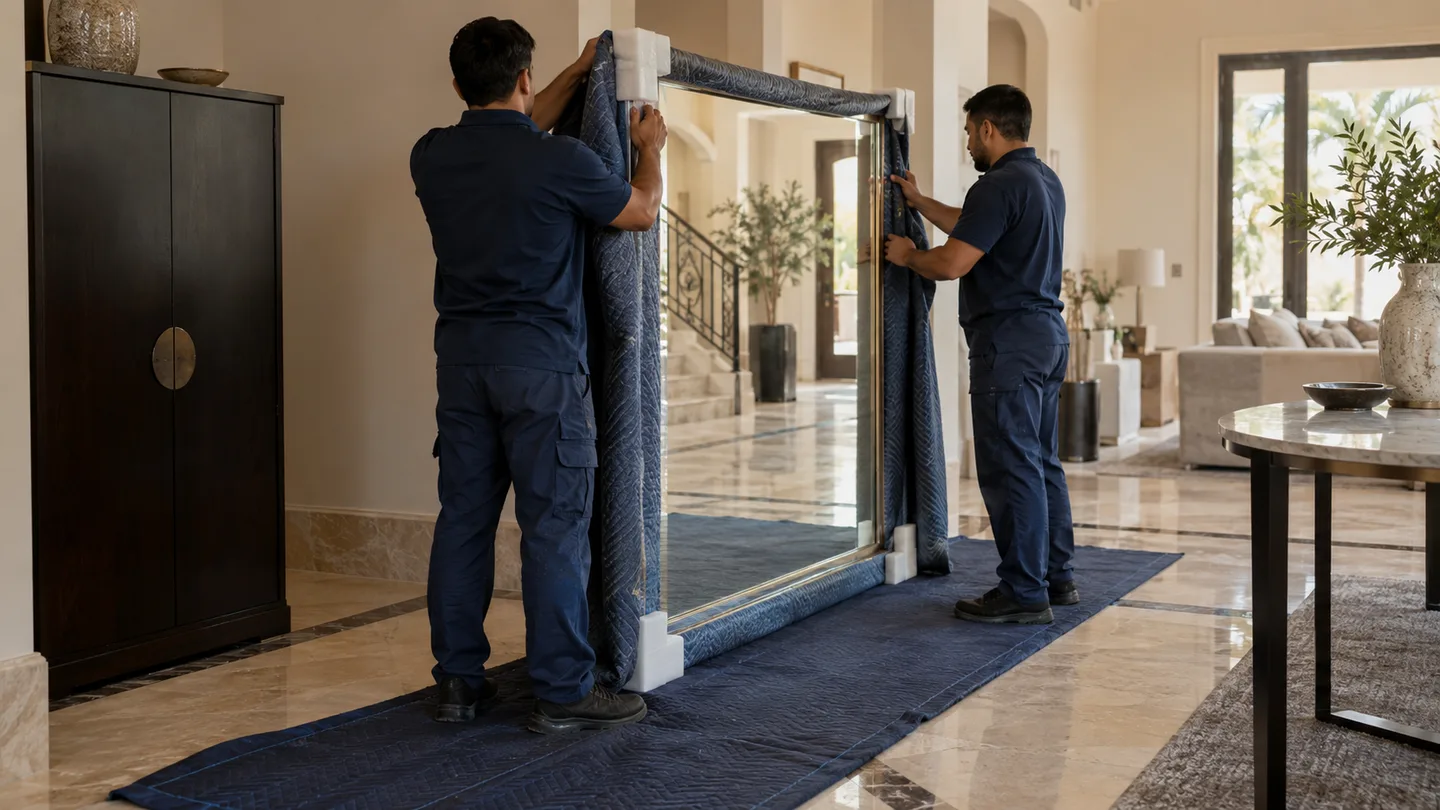 Two removal crew members fitting corner protection and a padded blanket around a large mirror in a Dubai villa
