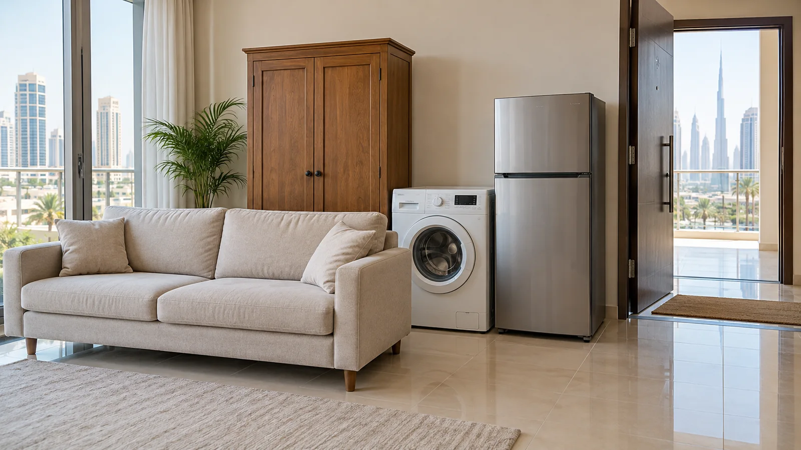Sofa wardrobe washing machine and refrigerator grouped near the exit of a modern Dubai apartment