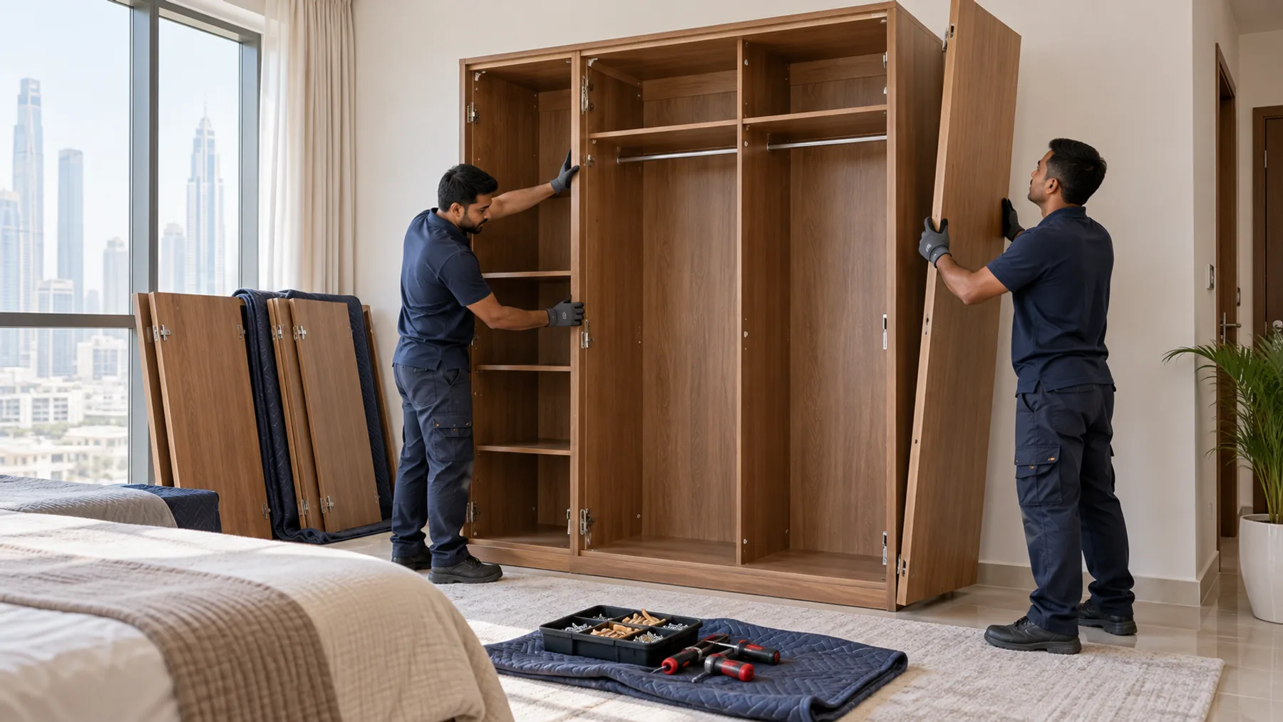 Removal workers carefully dismantling a freestanding wooden wardrobe in a Dubai bedroom