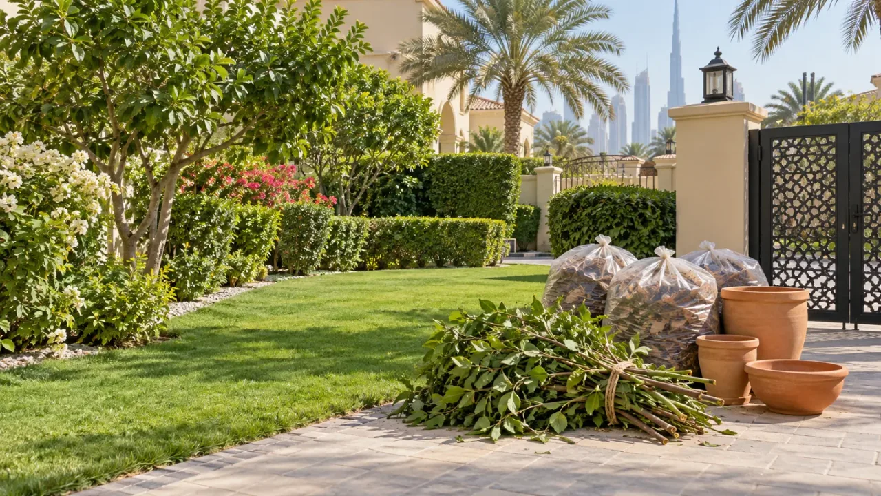 Dubai villa garden with bundled branches, bagged leaves and empty pots beside a clear path