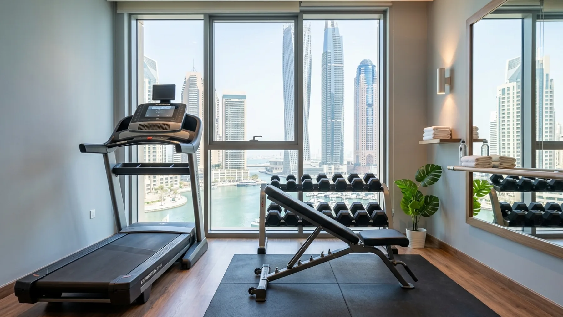 Treadmill, weight bench and dumbbell rack in a Dubai apartment room overlooking Marina towers