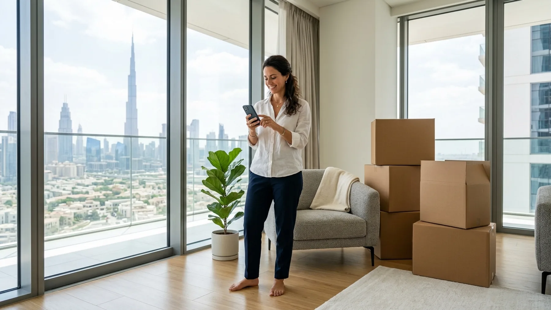 Resident in Dubai apartment coordinating seamless junk removal booking on smartphone