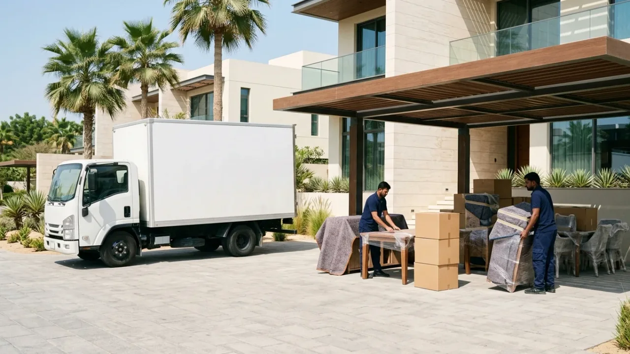 Removal crew staging wrapped furniture beside an unbranded truck outside a modern Dubai villa