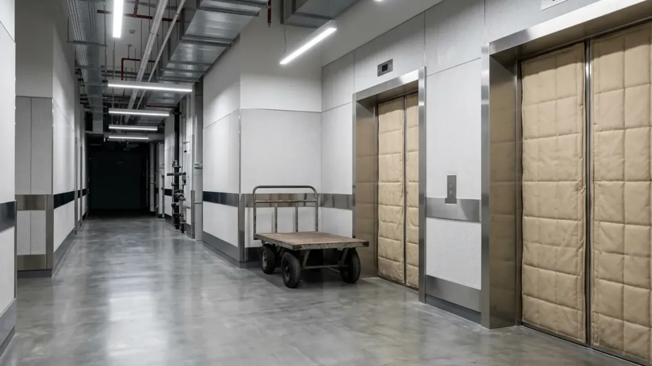 Padded service lifts and a flatbed trolley in a clean high-rise loading corridor
