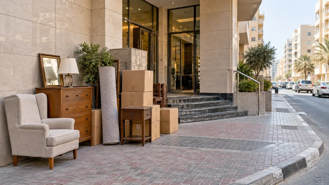 Building entrance and street staging area in Bur Dubai with packed cartons and furniture awaiting collection