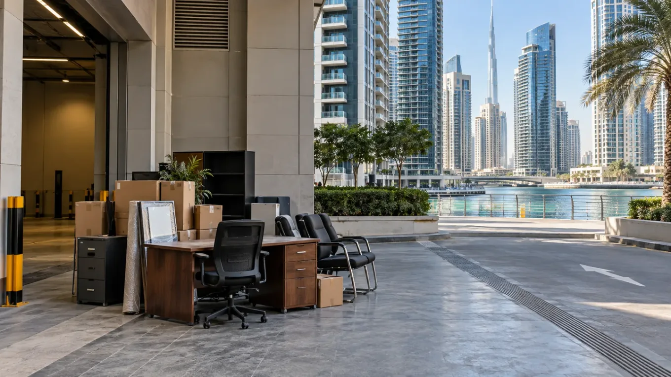 Office desks, chairs, cabinets, and cartons staged beside a Dubai tower loading entrance