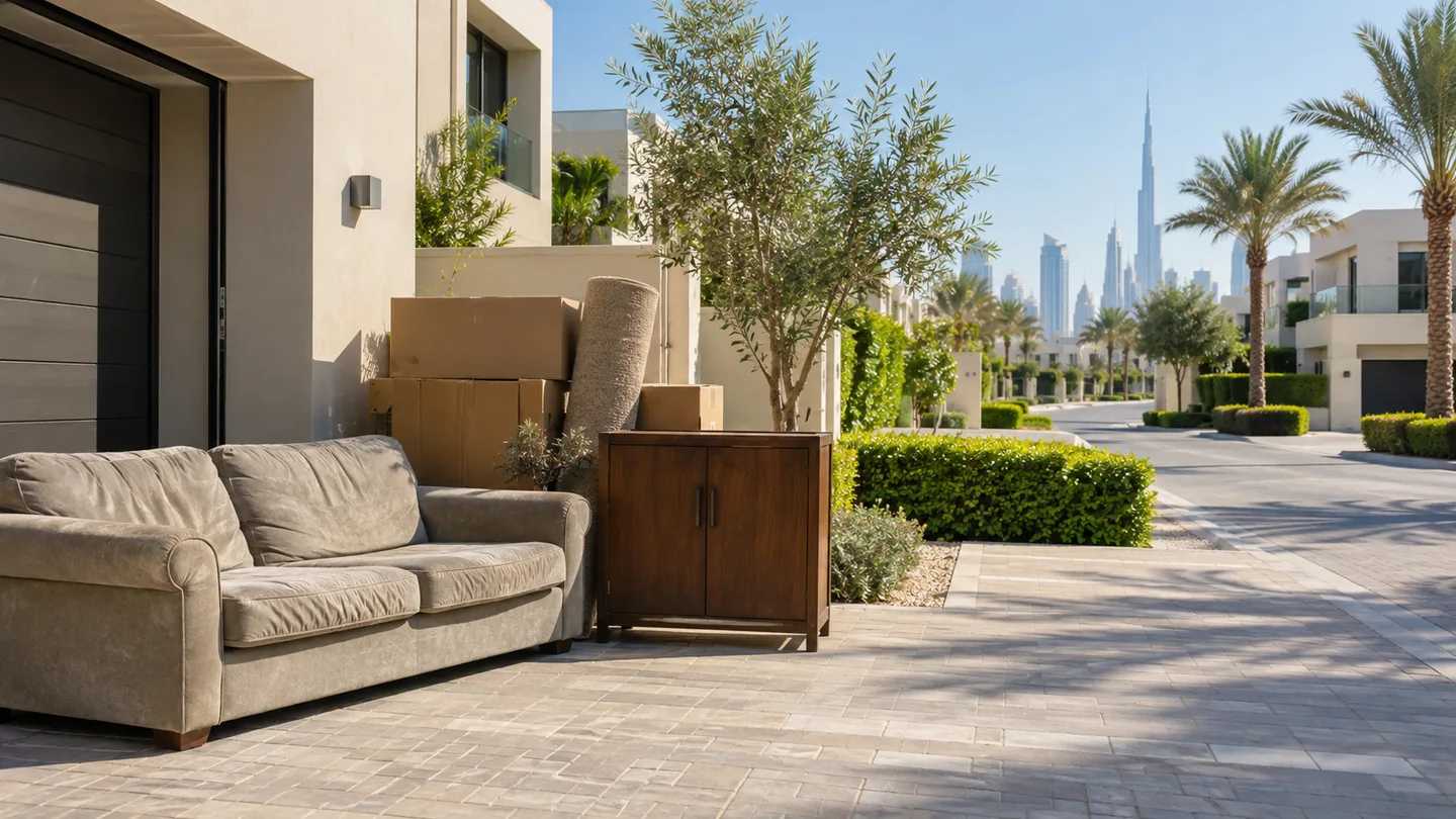 Dubai Hills home driveway with furniture and boxes staged for junk removal