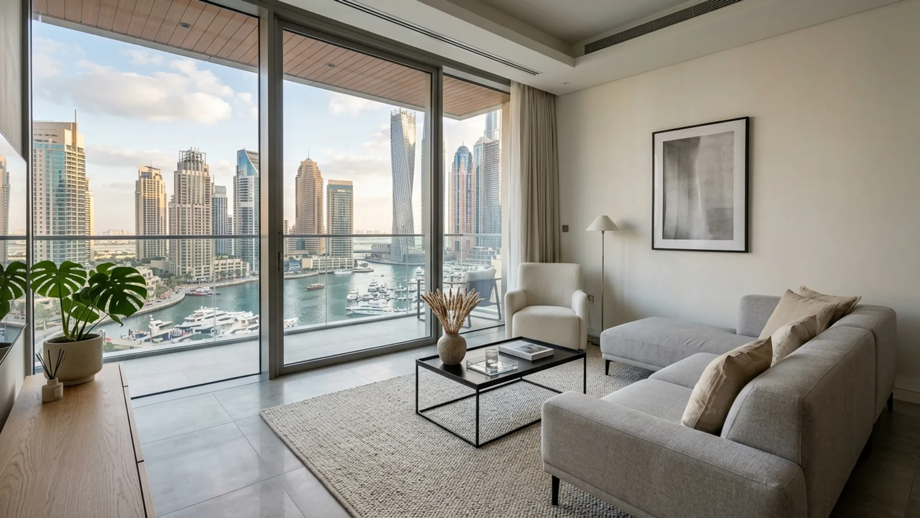 Modern Dubai Marina luxury apartment living room overlooking marina canal and iconic high rise towers