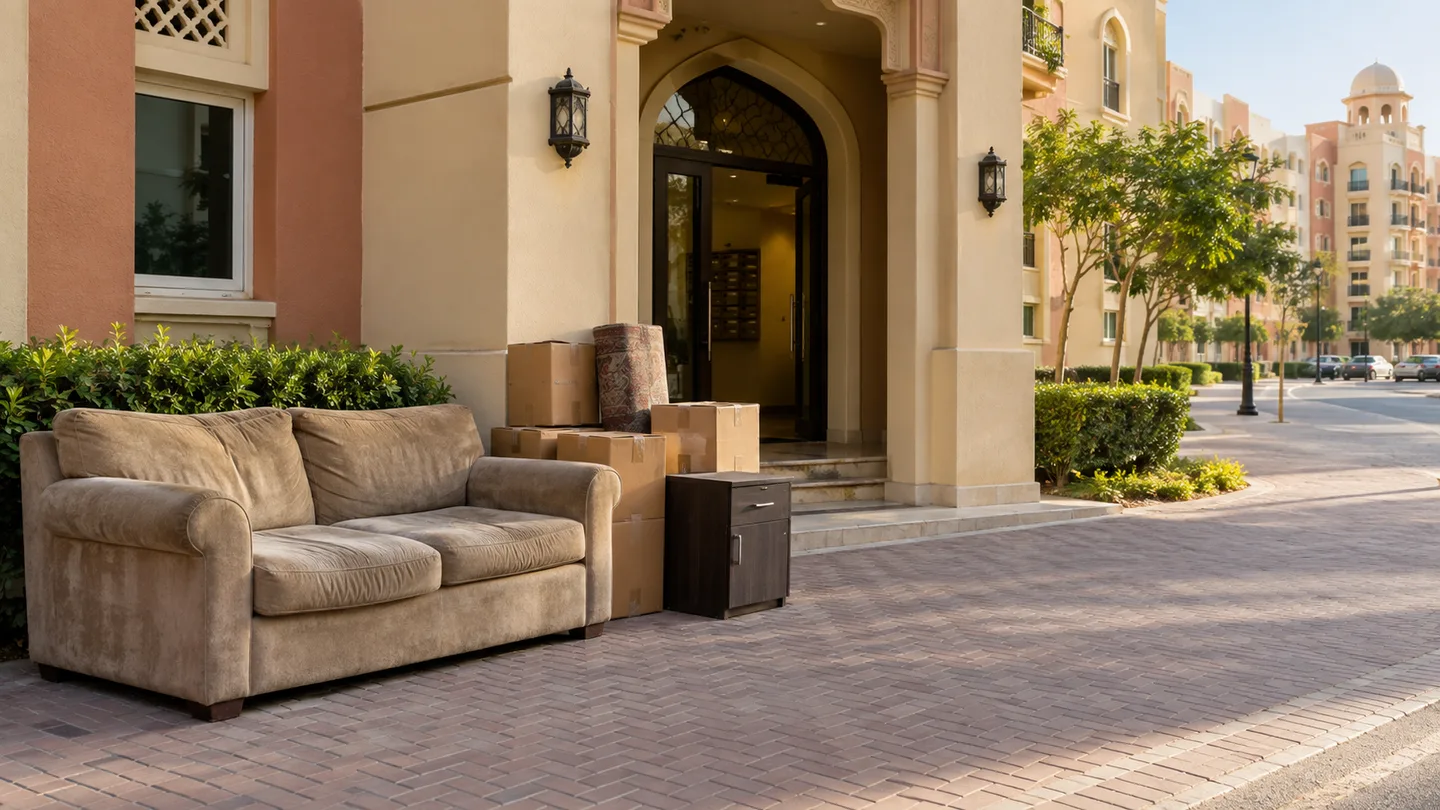 International City Dubai building entrance with furniture and boxes staged for pickup