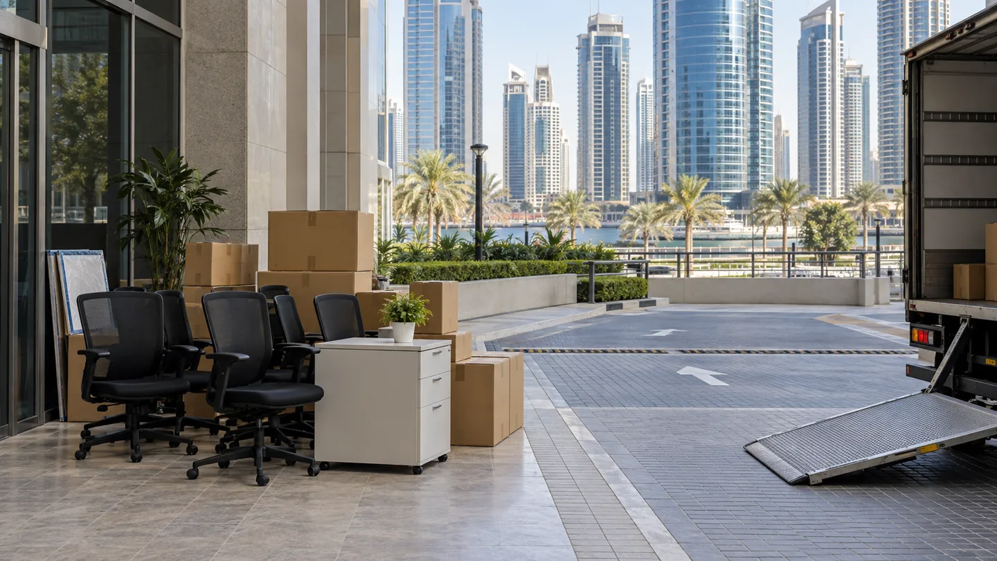 JLT Dubai loading area with office furniture and boxes staged for collection