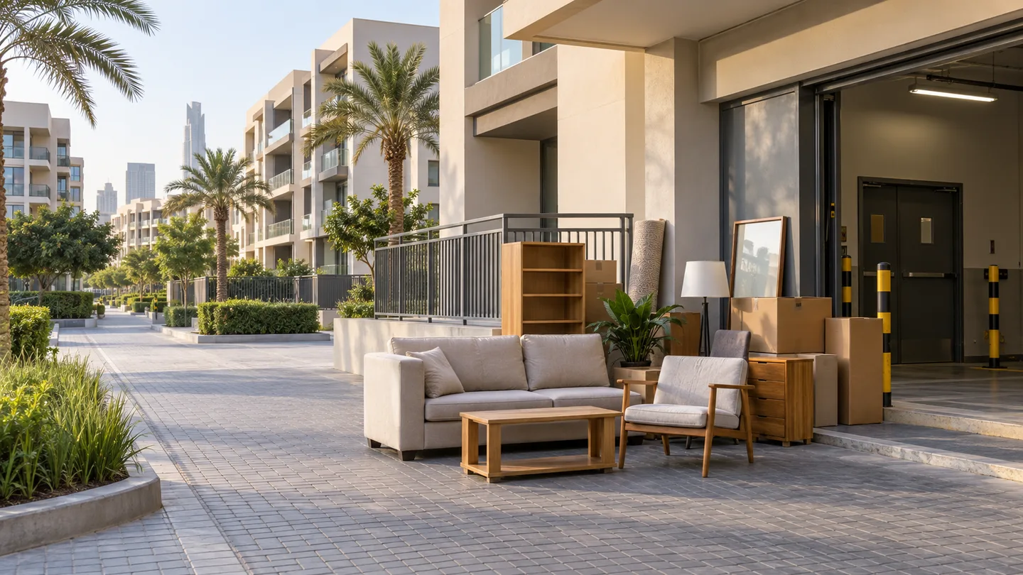 JVC Dubai apartment community with household items staged for pickup