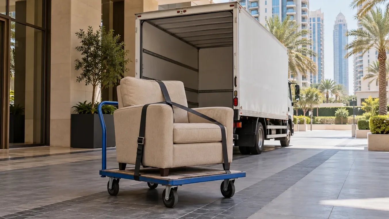 Beige armchair strapped to a flatbed trolley at a Dubai tower entrance with an open removal truck waiting outside