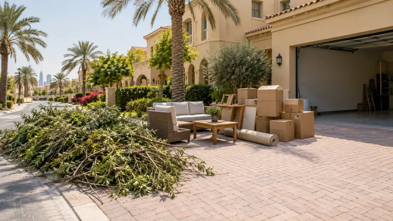 Suburban residential townhouse street and paved driveway access in Town Square Dubai