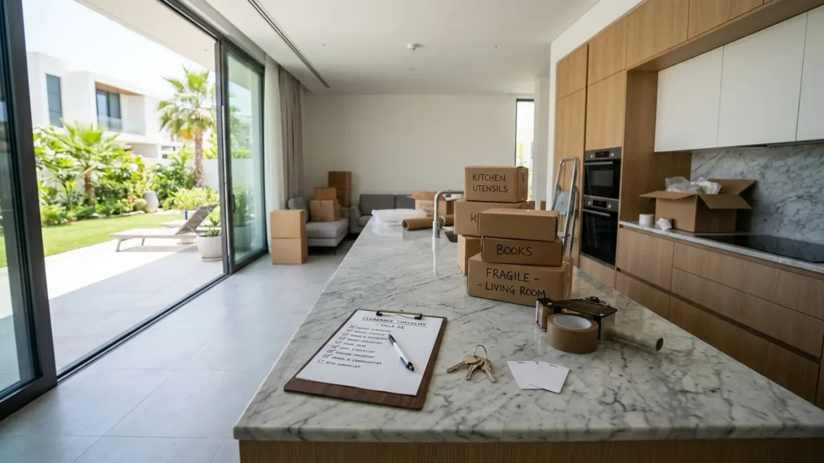 Modern Dubai villa kitchen with fitted wood cabinets, a marble island, moving boxes and a clearance checklist