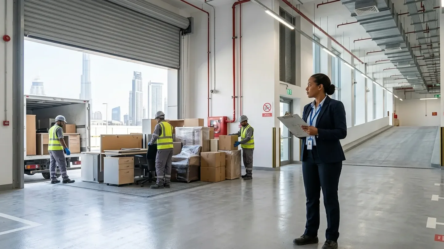 Property operations manager inspecting bulk waste staging and commercial loading dock in Dubai high-rise