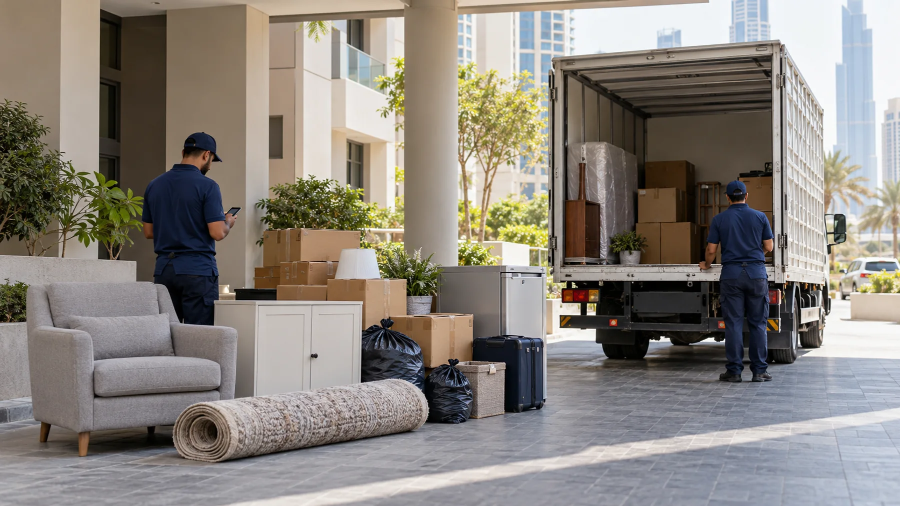 Mixed furniture, boxes, bags, and an appliance staged beside a removal truck at a Dubai apartment building