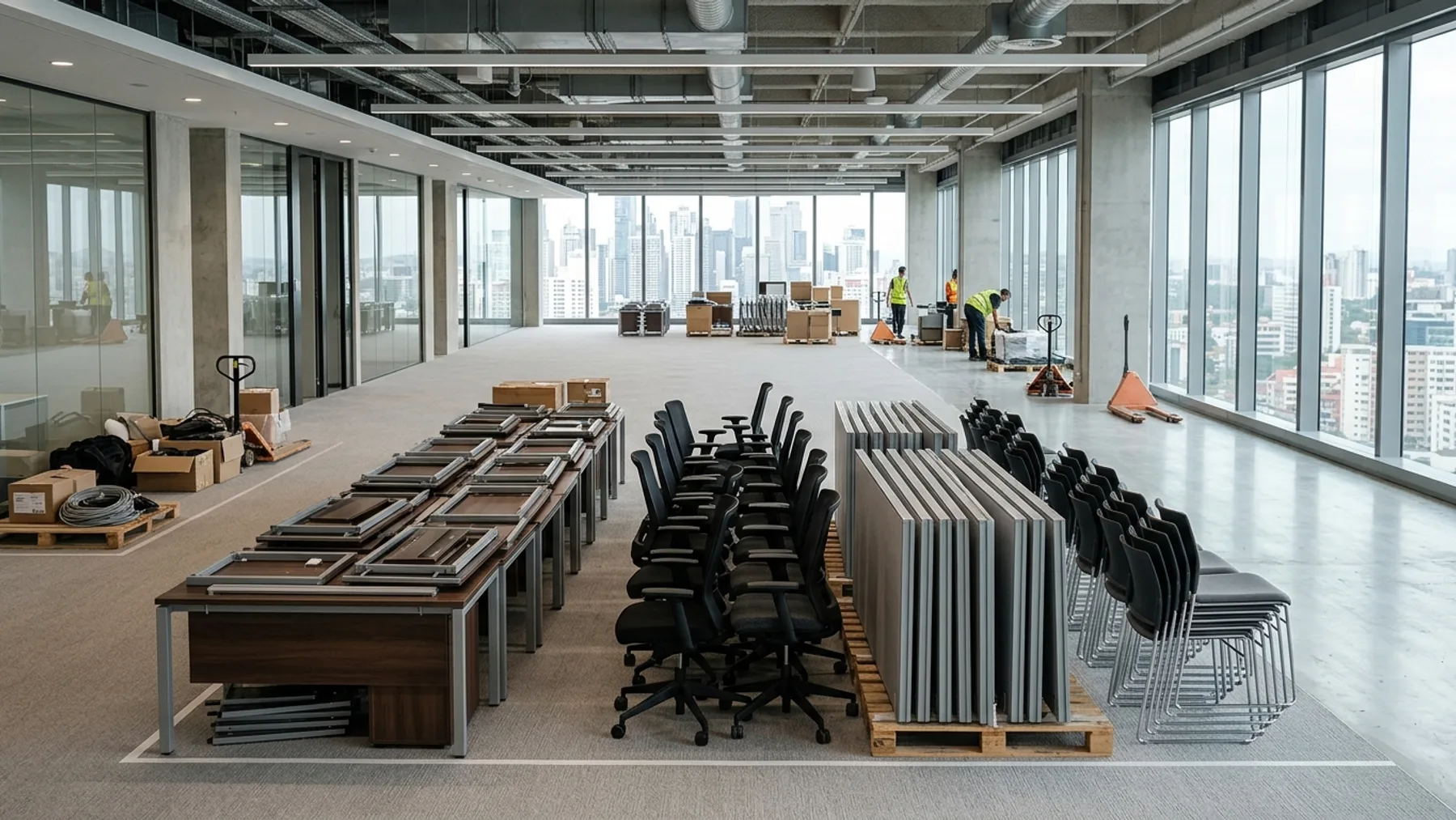 Rows of black task chairs and stacked panels staged on a cleared office floor before collection