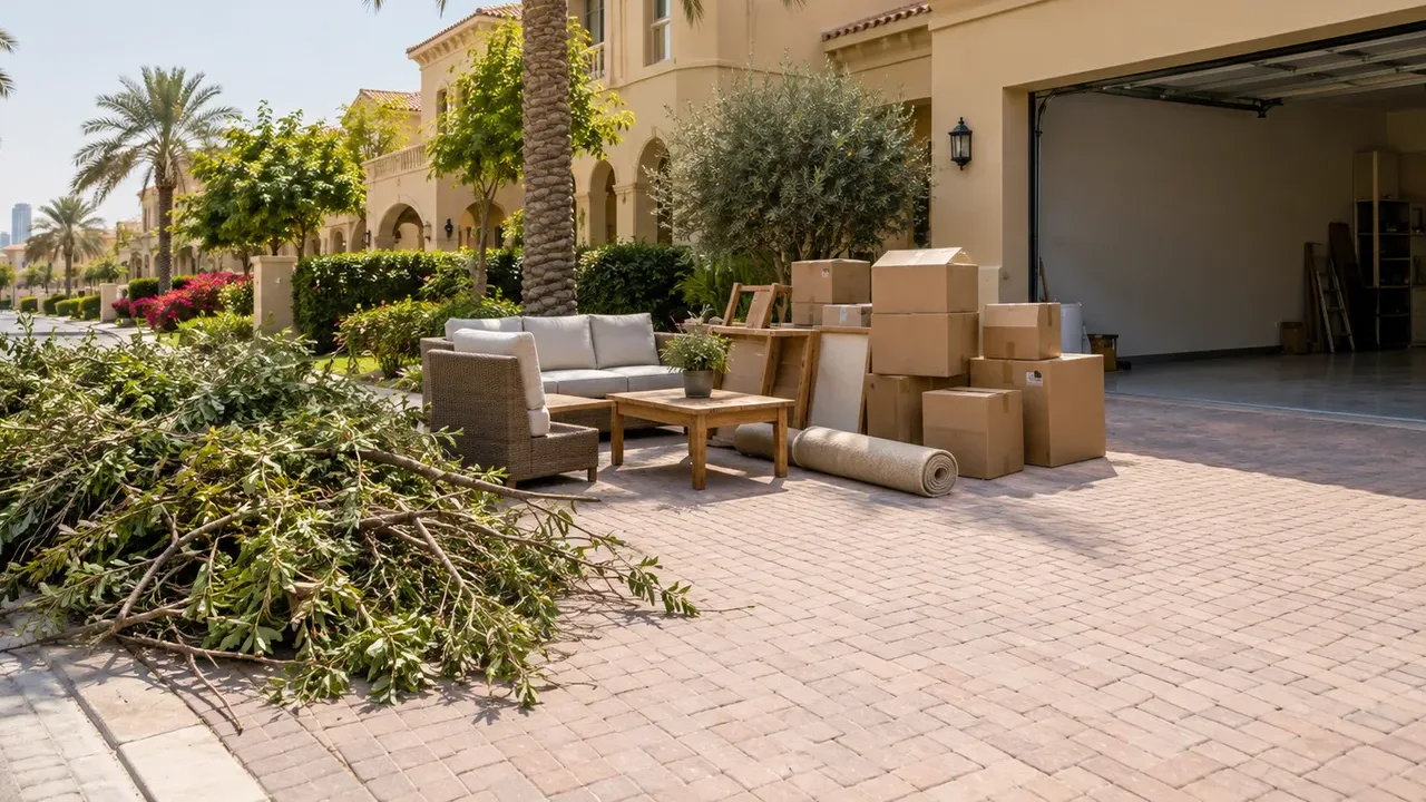 A rattan outdoor sofa set, wooden coffee table, rolled rug and packed cartons on a Dubai villa driveway beside a pile of cut branches