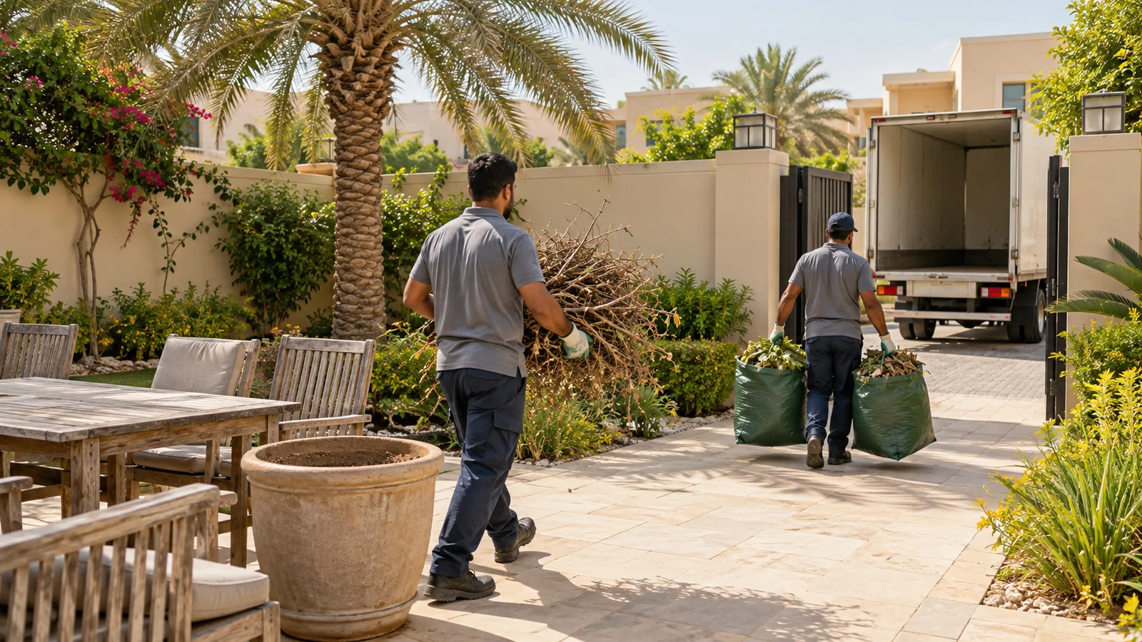 Unbranded removal workers carrying branches and garden sacks through the side gate of a Dubai villa