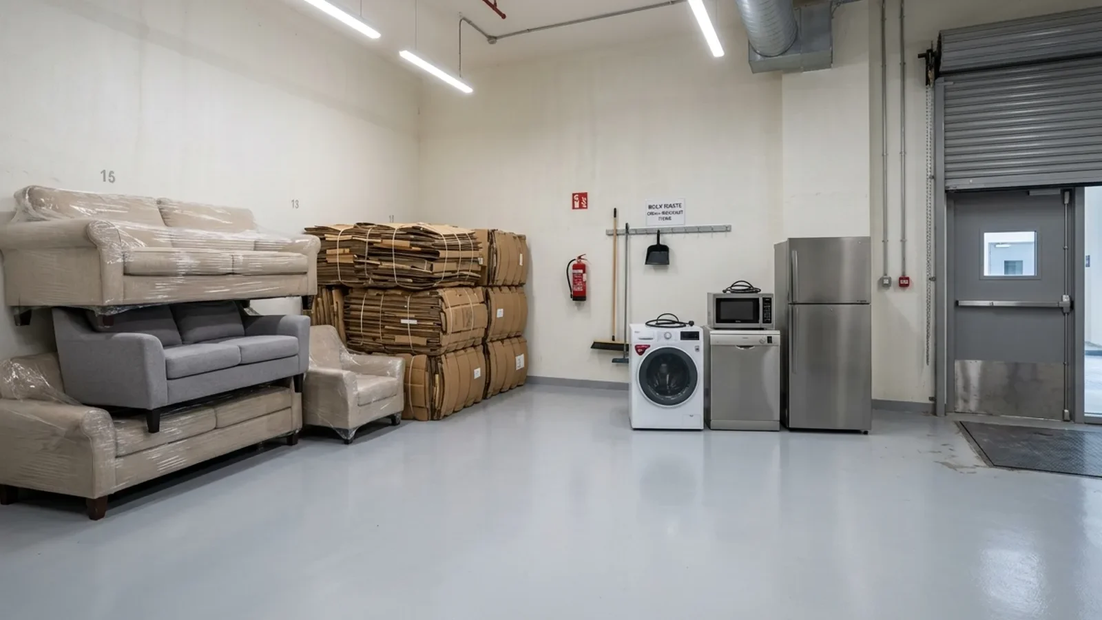 Washing machine, microwave and fridge grouped beside wrapped sofas and baled cardboard in a Dubai tower's bulk waste holding room