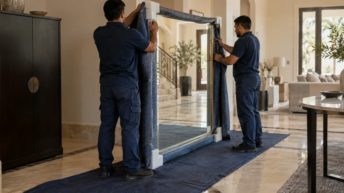 Two clearance crew members securing protective padding and moving blankets around a large wooden piece in a Dubai home
