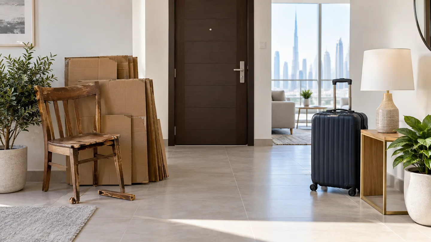 Orderly Dubai apartment entryway with designated boxes, furniture items, and clear hallway access prepared for junk collection