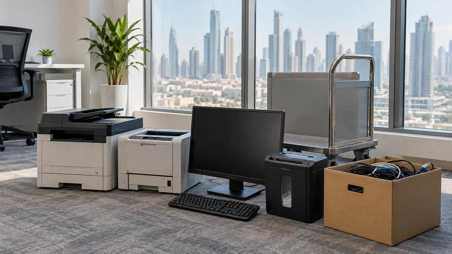 Unbranded office printers, a monitor, shredder and cable box staged beside a trolley in a Dubai office