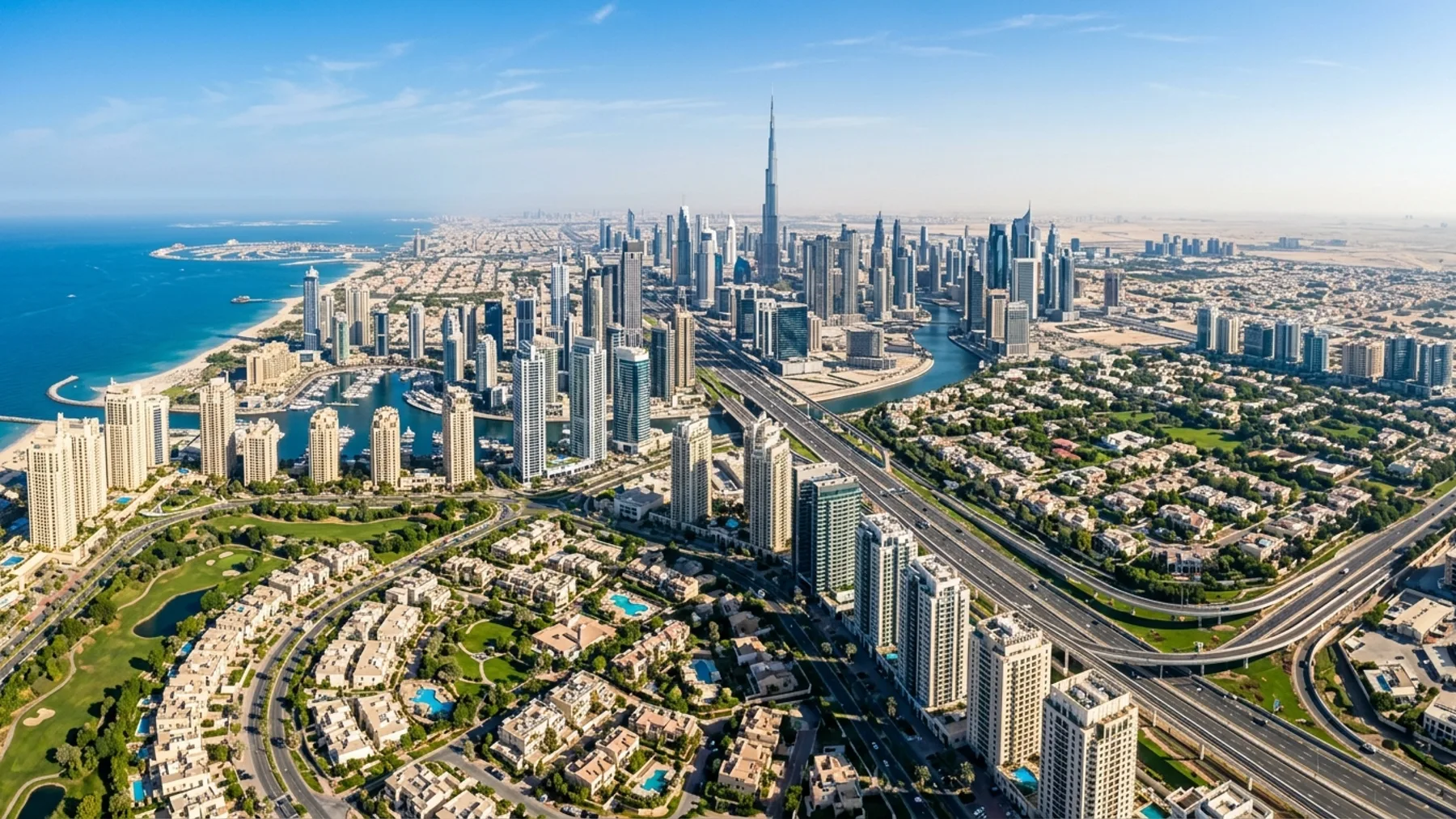 Aerial panoramic view of Dubai residential neighborhoods receiving same day junk removal services