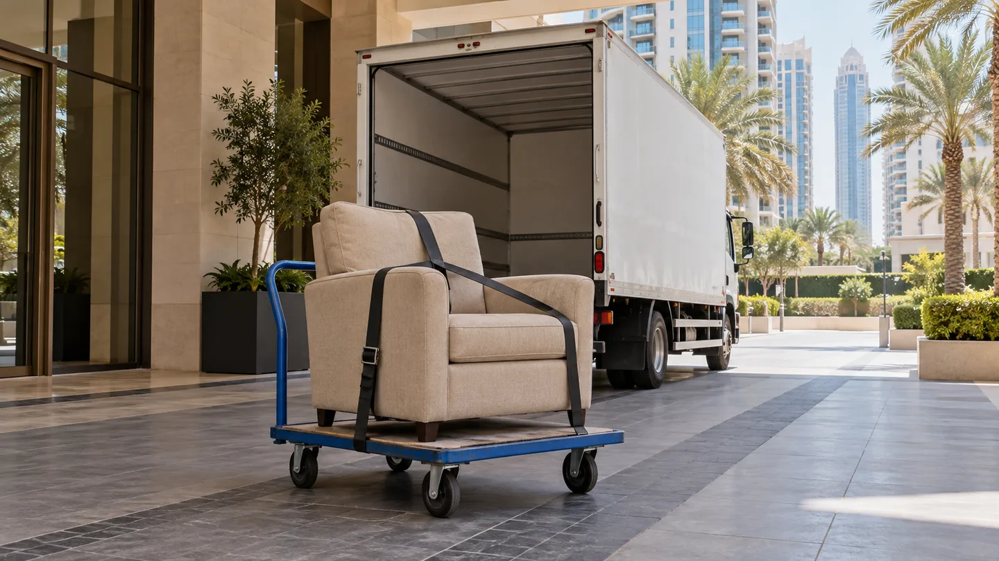 Armchair secured on a transport trolley at a Dubai residential entrance ready for immediate same-day junk removal dispatch