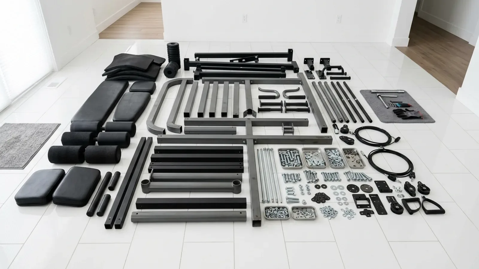 Dismantled steel frame sections, tubes, cables, bolts and black padded cushions laid out in rows on a white tiled floor