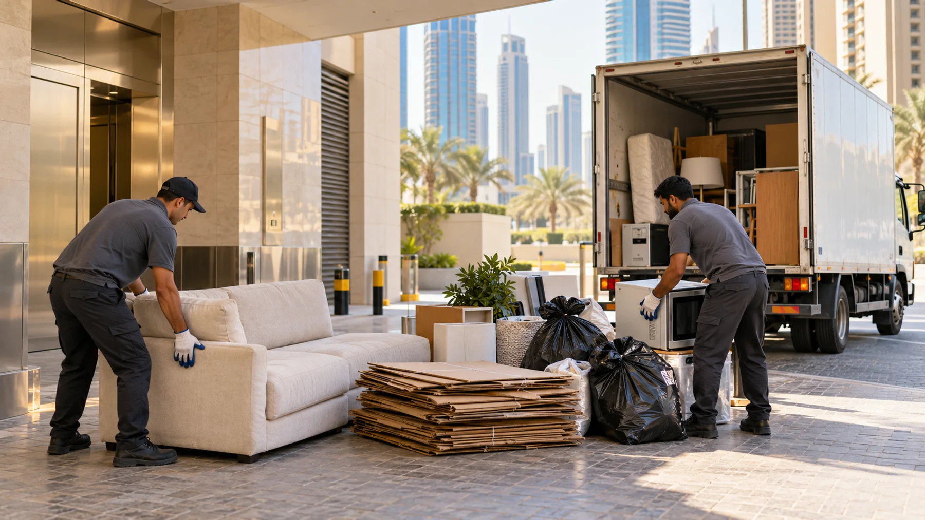 Removal crew sorting furniture, cardboard, appliances, and bagged household junk beside a Dubai loading bay