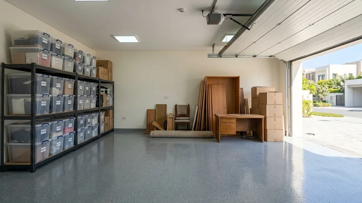 Shelves of storage boxes and furniture beside a clear garage access route