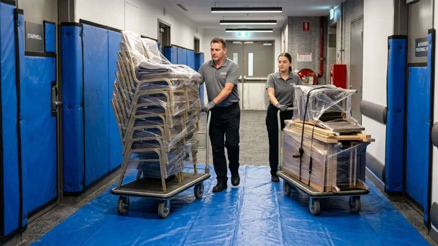 Two removal crew members moving wrapped furniture on trolleys over a protective floor covering in a service corridor