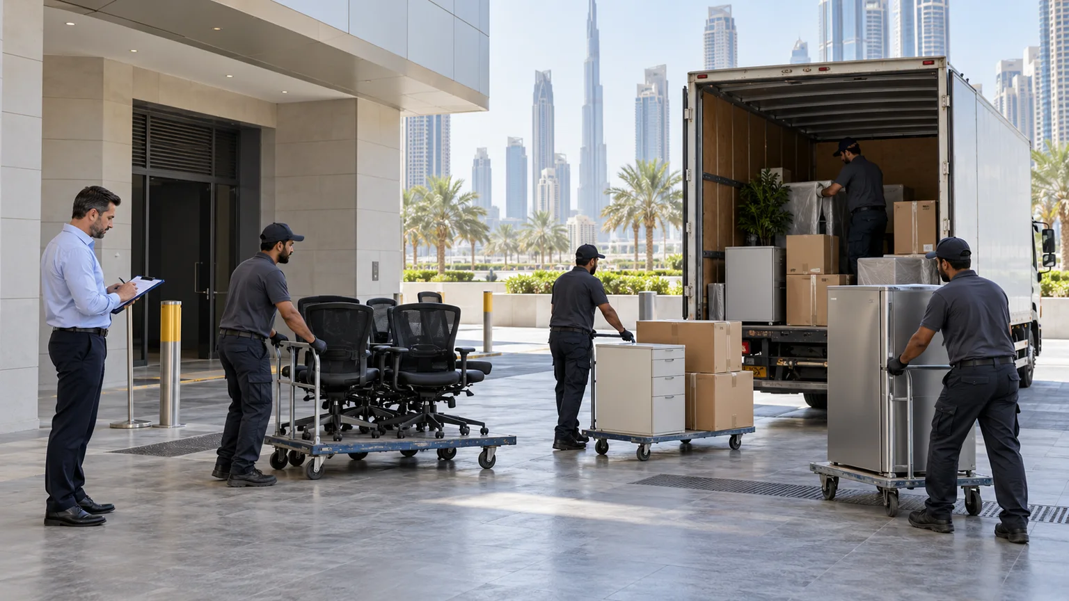 Unbranded junk removal crew staging furniture from several approved units at a Dubai building loading bay