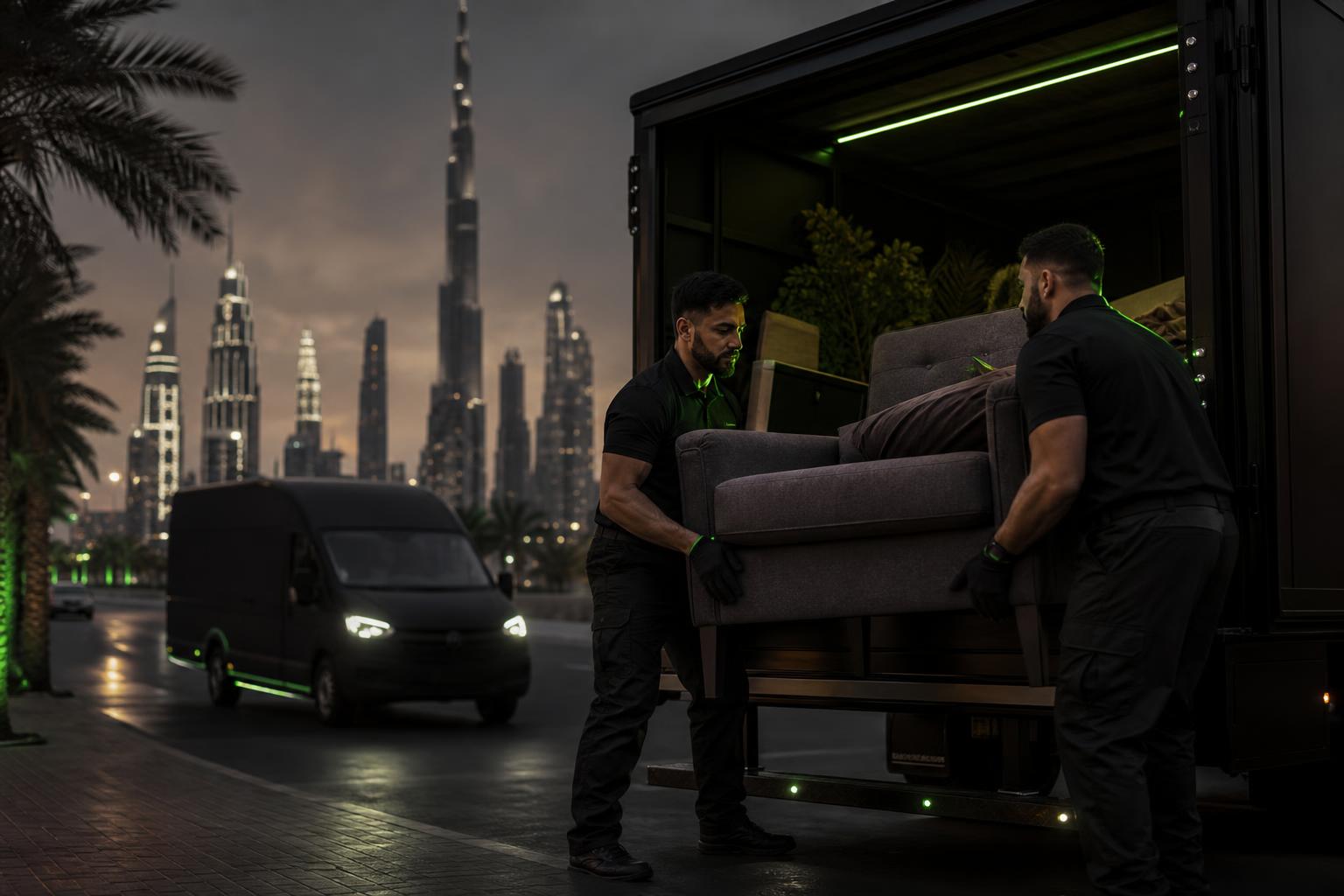 Two junk removal crew members loading a sofa into a van, with the Dubai skyline behind them